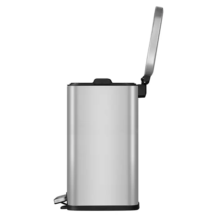 Vepa Bins Treteimer Stella - 12 l, Edelstahl, Mattsilber - Ein silberfarbener, rechteckiger Treteimer mit offenem Deckel, ideal für Küche oder Bad. Robust und hygienisch.