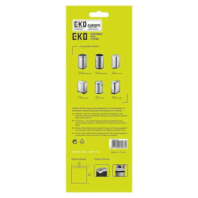 EKO Müllbeutel Typ C - 15 l, 20 Stk., Weiß - EKO-Müllbeutel-Verpackung mit Hinweisen zu kompatiblen Modellen, Abmessungen und Gebrauchsanweisungen sowie Sicherheitshinweisen.