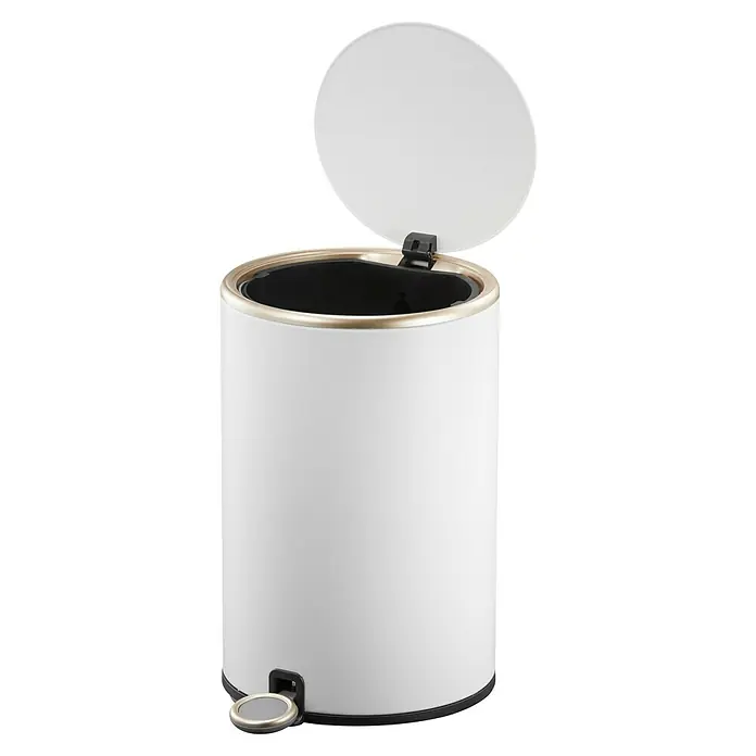 Vepa Bins Treteimer Cosmo - 12 l, Edelstahl, Weiß - Eleganter, runder Treteimer in Weiß mit goldenem Rand und offenem Deckel für ein stilvolles Badezimmer.