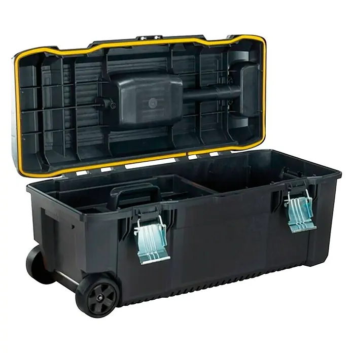 Stanley FatMax Caja para herramientas FMST1-75761 - L x An x Al: 31 x 70 x 30,5 cm, Polipropileno - En la imagen se muestra una caja de herramientas rodante con tapa abierta, mostrando compartimentos interiores y detalles amarillos.