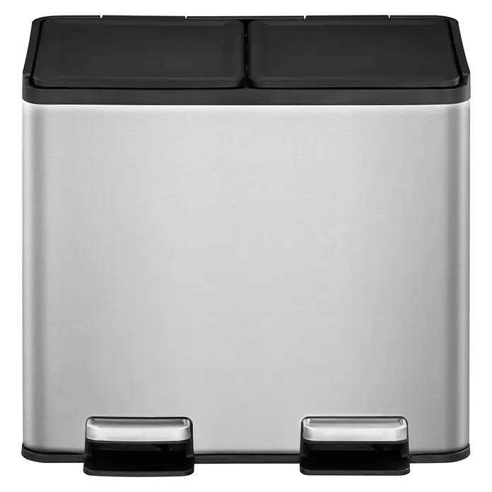 Vepa Bins Treteimer Essential - 20 l, Edelstahl, Mattsilber - Ein doppelter Treteimer aus Edelstahl mit schwarzen Deckeln und Pedalen, ideal für die Mülltrennung in Küche oder Büro.