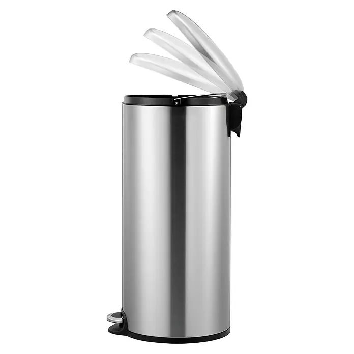 Vepa Bins Treteimer Maggey - 30 l, Edelstahl, Mattsilber - Ein silberner Tretabfalleimer mit geöffnetem Deckel. Das Produkt ist aus rostfreiem Stahl und hat einen schwarzen Boden.
