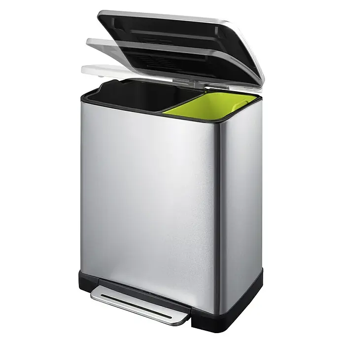Vepa Bins Treteimer E-Cube Recycling - 19 l, Edelstahl, Mattsilber - Silberfarbener Joseph Joseph Mülleimer mit offenem Deckel, ideal für die Mülltrennung.