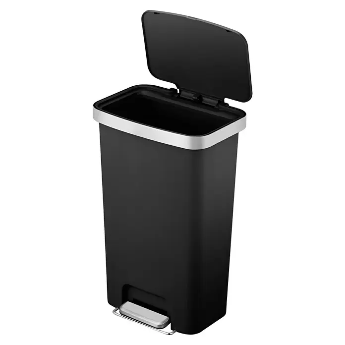 Vepa Bins Treteimer Hana - 45 l, Kunststoff, Schwarz - Schwarzer Treteimer mit offenem Deckel und silbernem Rand. Ein elegantes Produkt für die Abfallentsorgung.
