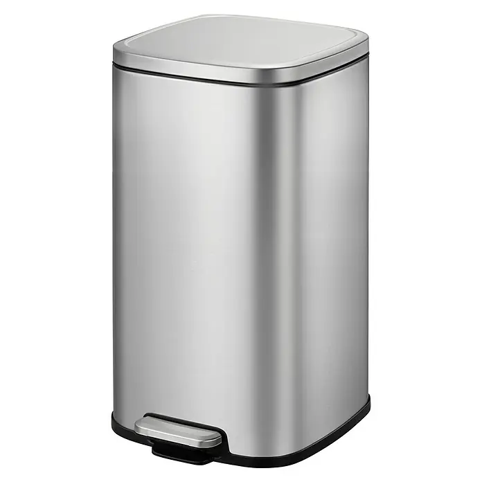 Vepa Bins Treteimer Stella - 20 l, Stahl, Mattsilber - Edler, eckiger Treteimer aus Edelstahl für Bad oder Küche mit schwarzem Fuß und Deckel. Praktisch und hygienisch für den täglichen Gebrauch.