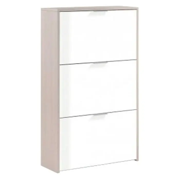 Zapatero Trine - L x An x Al: 22 x 60 x 113 cm, Natural/Blanco - Un zapatero moderno en blanco y aspecto de madera con tres cajones para un almacenamiento elegante de zapatos.