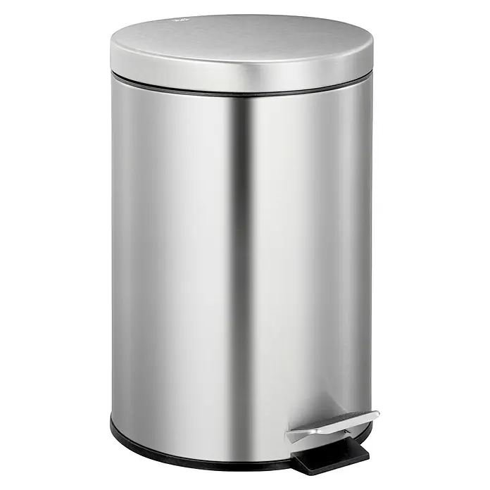 Vepa Bins Treteimer Trittmülleimer Venus - 20 l, Metall, Edelstahl - Bild einer runden, silberfarbenen Tretmülltonne mit Deckel, ideal für Bad oder Küche. Das schlanke Design passt gut in jede Ecke.