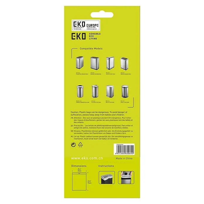 EKO Müllbeutel Typ F - 60 l, 12 Stk., Weiß - Abbildung der EKO Europe Müllbeutelverpackung mit Informationen zu kompatiblen Modellen, Warnhinweisen und Gebrauchsangweisungen.
