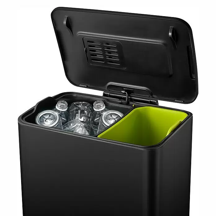 Vepa Bins Treteimer Neo-Cube Recycling - 46 l, Edelstahl, Schwarz - Schwarzer Recycling-Mülleimer mit offenem Deckel, zwei Fächer zur Mülltrennung. Eines enthält Flaschen und Dosen, das andere einen lindgrünen Einsatz.
