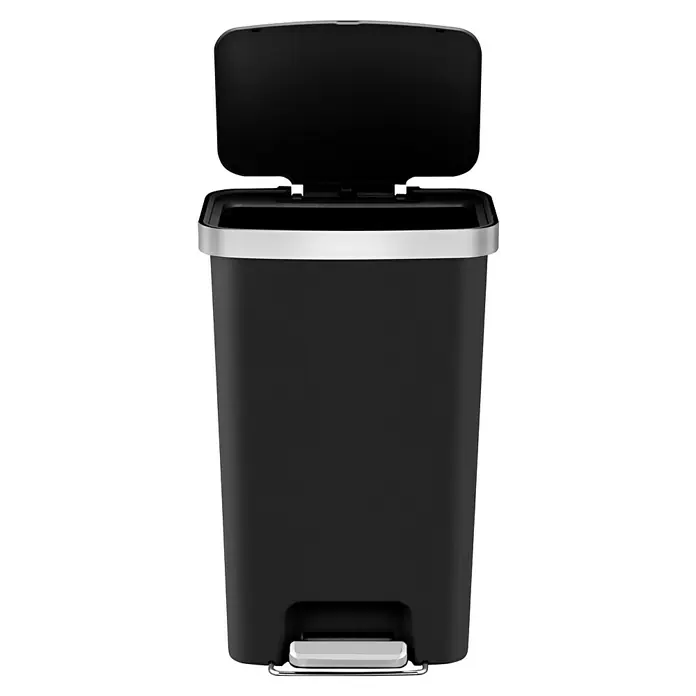 Vepa Bins Treteimer Hana - 45 l, Kunststoff, Schwarz - Schwarzer Tretmülleimer mit offenem Deckel und silberfarbenem Akzentband für hygienische Abfallentsorgung.