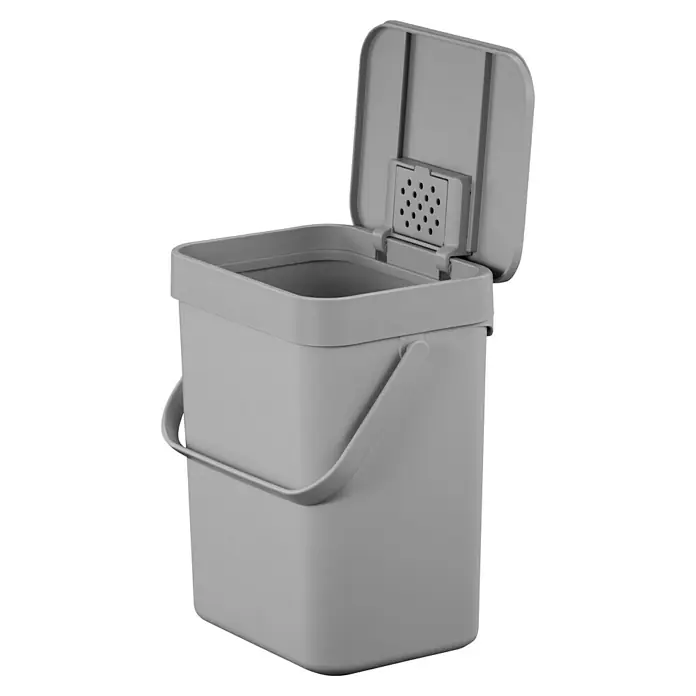 Vepa Bins Standard Mülleimer Foodwaste Caddy Puro II - 5 l, Kunststoff, Grau - Grauer, eckiger Komposteimer mit Griff und geöffnetem Deckel, ideal für die Küche zur Sammlung von Bioabfällen. Praktisch und stilvoll.