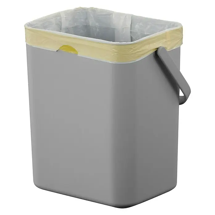 Vepa Bins Standard Mülleimer Foodwaste Caddy Puro II - 5 l, Kunststoff, Grau - Ein grauer Abfalleimer mit einem gelben Müllsack. Der Eimer hat einen praktischen Griff und ist bereit für den täglichen Gebrauch.
