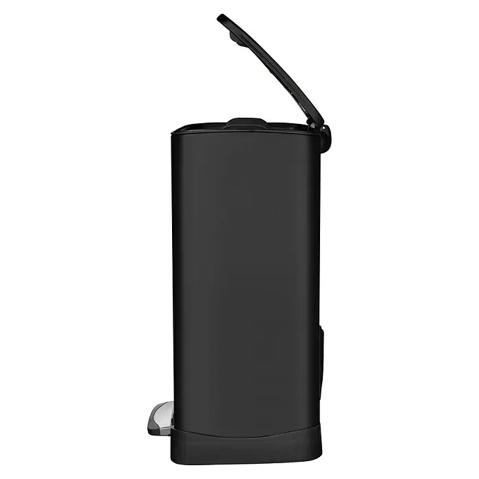 Vepa Bins Treteimer Neo-Cube Recycling - 46 l, Edelstahl, Schwarz - Schwarzer Treteimer mit geöffnetem Deckel, ideal für Bad oder Küche. Stilvolles Design für moderne Haushalte.