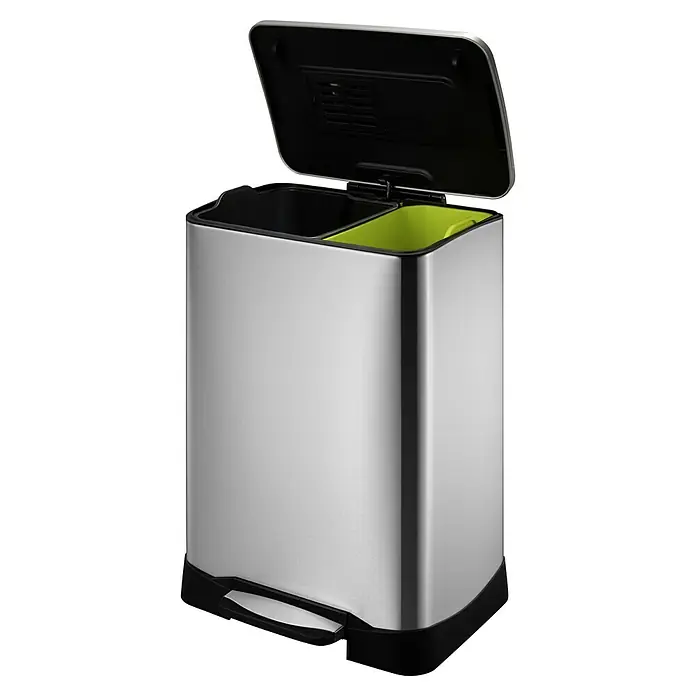 Vepa Bins Treteimer Neo-Cube Recycling - 46 l, Edelstahl, Mattsilber - Abfalltrennsystem mit offenem Deckel. Der Mülleimer aus Edelstahl hat zwei Fächer für Abfalltrennung und einen Fußpedal-Öffnungsmechanismus.