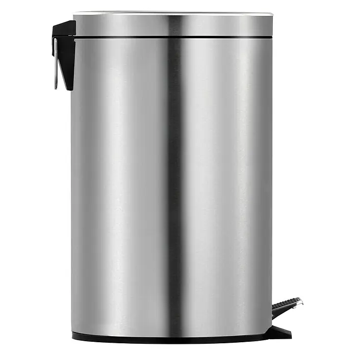 Vepa Bins Treteimer Trittmülleimer Venus - 20 l, Metall, Edelstahl - Ein schlanker, silberfarbener Treteimer mit einem schwarzen Fußpedal und einem seitlichen Hebel vor einem neutralen Hintergrund.