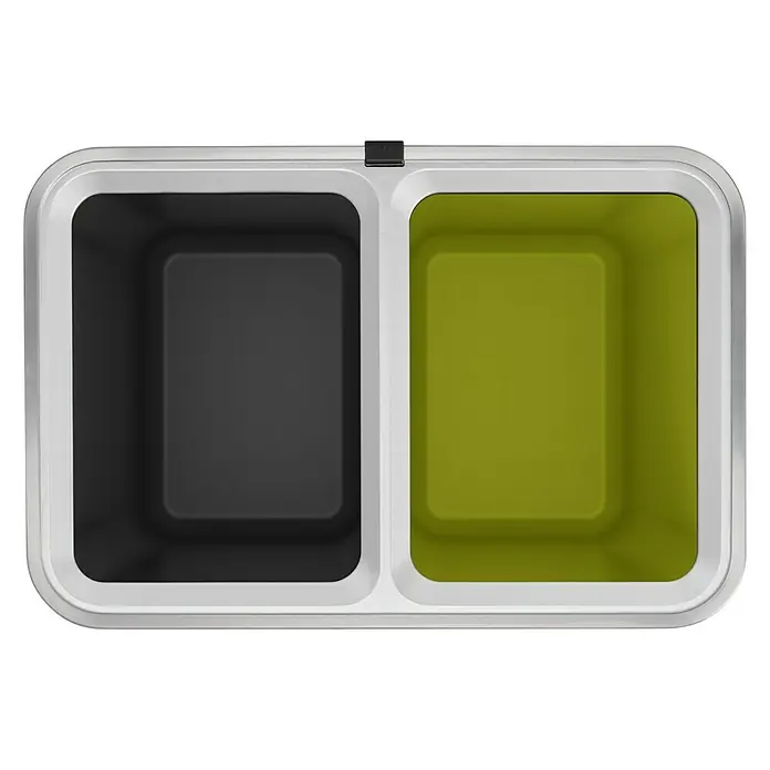 Vepa Bins Mülltrennsystem Laguna Slim Open Top - 20 l, Edelstahl, Mattsilber - Ein Mülleimer mit zwei Fächern, eines schwarz und eines grün, für die Mülltrennung, auf schwarzem Hintergrund.