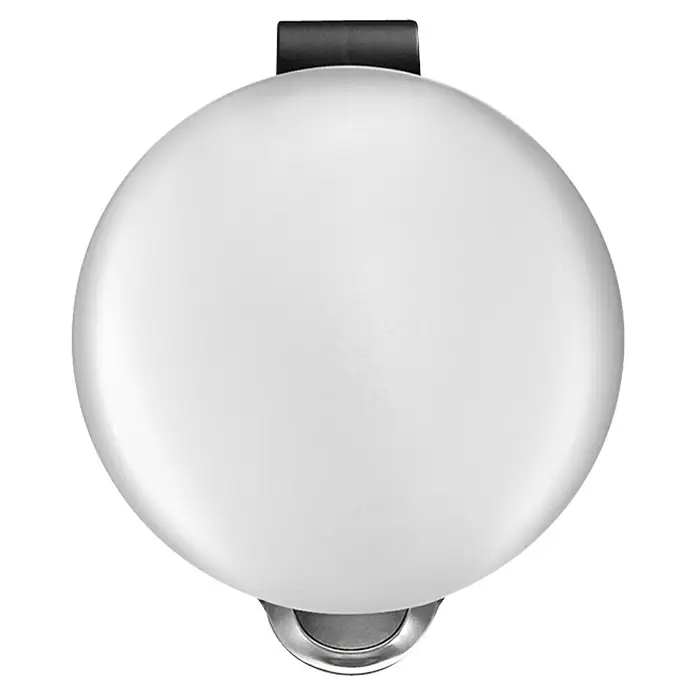 Vepa Bins Treteimer Maggey - 20 l, Edelstahl, Weiß - Weißer Apple AirTag mit silbernem Schlüsselanhänger und schwarzem Clip. Der smarte Tracker hilft, verlorene Gegenstände wiederzufinden.