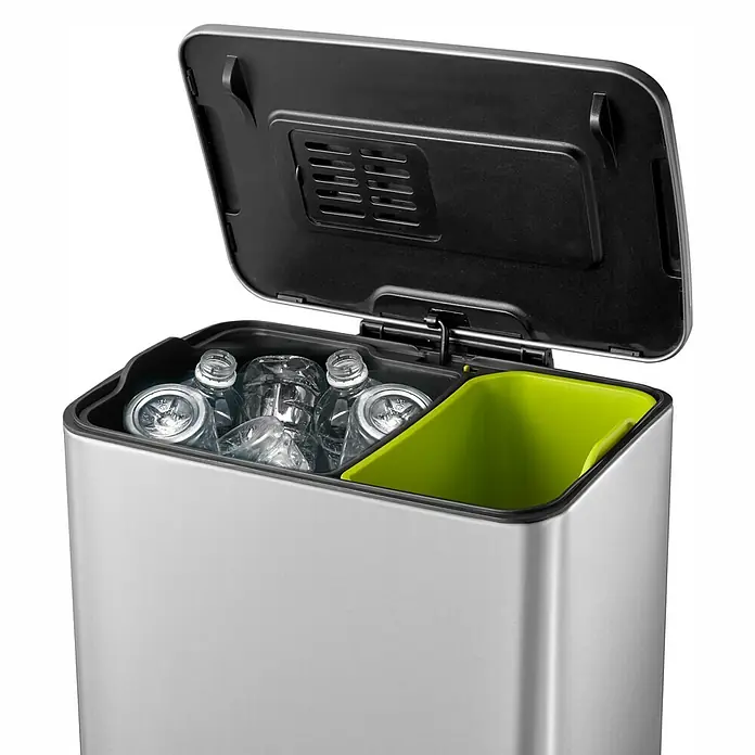 Vepa Bins Treteimer Neo-Cube Recycling - 46 l, Edelstahl, Mattsilber - Offener Abfalltrenneimer aus Edelstahl mit Fächern für Wertstoffe und Restmüll, ideal für Küche oder Büro.