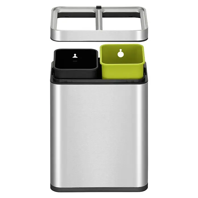 Vepa Bins Mülltrennsystem Laguna Slim Open Top - 20 l, Edelstahl, Mattsilber - Eleganter, rechteckiger Abfalltrenneimer aus Edelstahl mit zwei Inneneimern in Schwarz und Grün, ideal für die Mülltrennung in Küche und Büro.