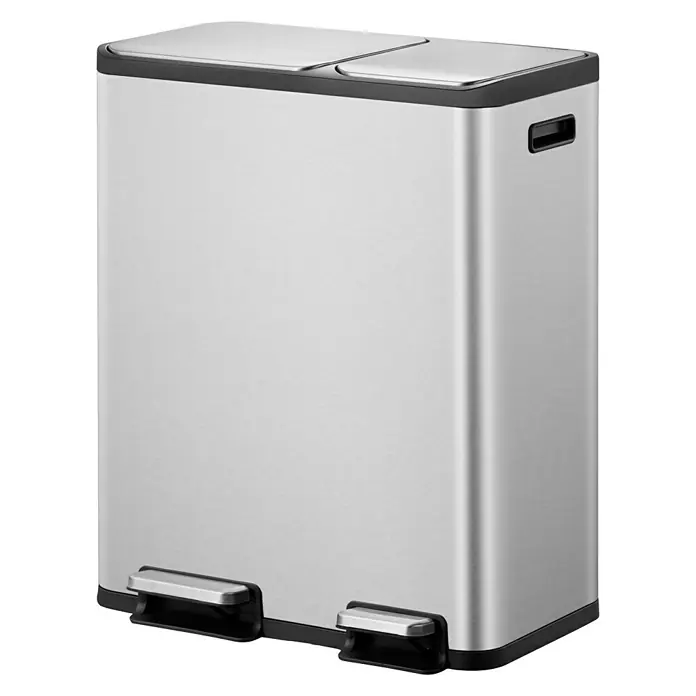 Vepa Bins Treteimer EcoCasa - 50 l, Edelstahl, Mattsilber - Ein silberfarbener, rechteckiger Dual-Mülleimer mit Fußpedalen und zwei separaten Fächern für die Mülltrennung. Stilvoll und funktional.