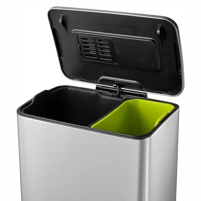 Vepa Bins Treteimer Neo-Cube Recycling - 46 l, Edelstahl, Mattsilber - Abfallbehälter mit zwei Fächern, offen, mit einem schwarzen und einem grünen Fach zur Abfalltrennung. Praktisch und modern für die Küche.