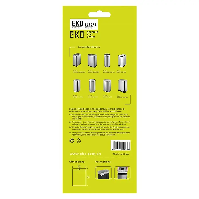 EKO Müllbeutel Typ E - 35 l, 12 Stk., Weiß - Produktverpackung für EKO-Abfalleimer mit Warnhinweisen, kompatiblen Modellen, Abmessungen und Anweisungen.