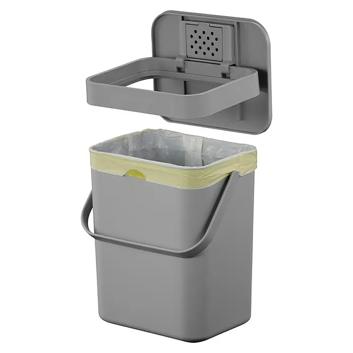 Vepa Bins Standard Mülleimer Foodwaste Caddy Puro II - 5 l, Kunststoff, Grau - Grauer Mülleimer mit gelbem Müllbeutel und einem Deckel mit quadratischem Rahmen, der darüber schwebt. Ideal für die Küchenabfallentsorgung.