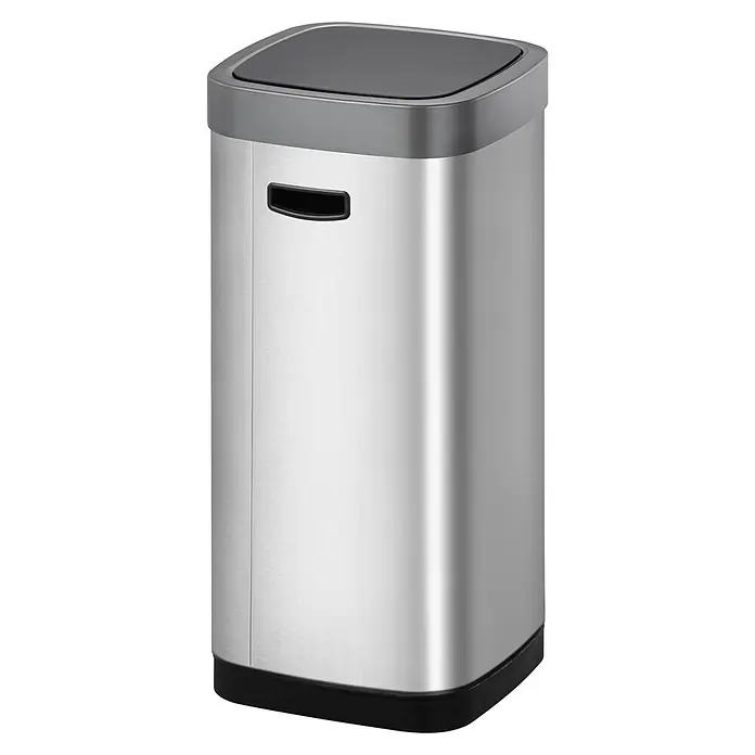 Vepa Bins Sensormülleimer EcoSmart - 50 l, Edelstahl, Mattsilber - Der schlichte, rechteckige Edelstahl-Treteimer mit schwarzem Deckel und praktischen Tragegriffen bietet eine hygienische Lösung zur Abfallentsorgung.