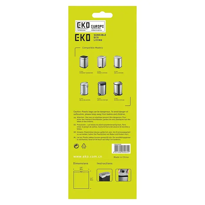 EKO Müllbeutel Typ A - 6 l, 30 Stk., Weiß - EKO Müllbeutel-Verpackung: Kompatible Modelle, Sicherheitshinweise und Abmessungen für eine sichere und einfache Nutzung.