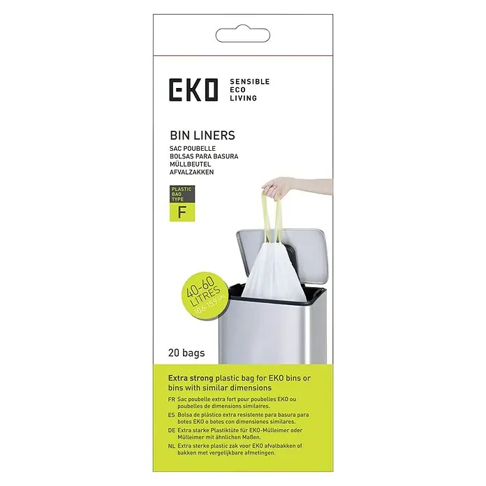 EKO Müllbeutel Typ F - 60 l, 12 Stk., Weiß - EKO Müllbeutel Typ F, 40-60 Liter, extra stark, für EKO-Mülleimer oder ähnliche Größen, 20 Stück.