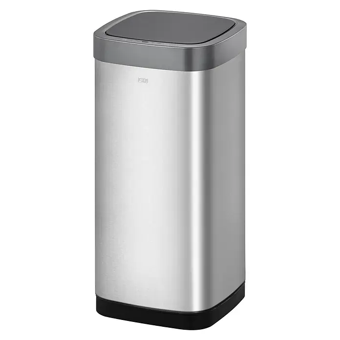 Vepa Bins Sensormülleimer EcoSmart - 50 l, Edelstahl, Mattsilber - Ein moderner, silberfarbener EKO Phantom Sensor-Abfalleimer mit schwarzem Deckel und Boden, ideal für stilvolle Müllentsorgung.