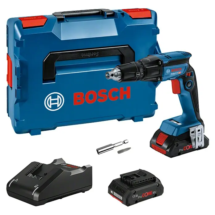 Bosch Professional AMPShare 18V Atornillador para placas de yeso de batería GTB 18V-45 - 18 V, 2 baterías, 6 Nm, Número de revoluciones de marcha en vacío 1ª marcha: 0 r.p.m. - 4.500 r.p.m. - Imagen de un taladro inalámbrico Bosch con accesorios y caja de herramientas, ideal para profesionales y aficionados al bricolaje.