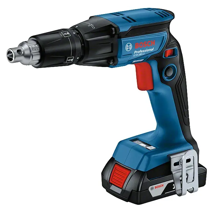 Bosch Professional AMPShare 18V Atornillador para placas de yeso de batería GTB 18V-45 - 18 V, 2 baterías, 6 Nm, Número de revoluciones de marcha en vacío 1ª marcha: 0 r.p.m. - 4.500 r.p.m. - Atornillador a batería Bosch Professional GTB 185-LI, una potente herramienta para aplicaciones de paneles de yeso con ajuste preciso de profundidad.