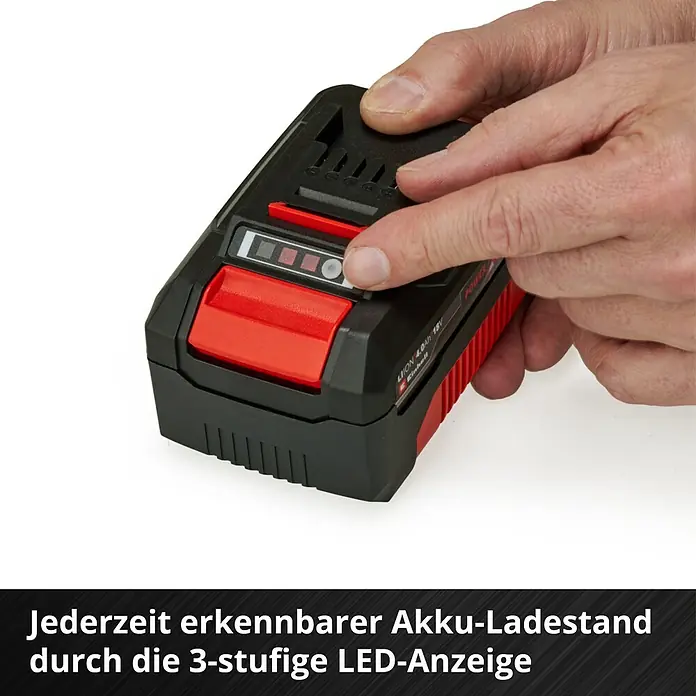 Einhell Power X-Change 18V Akku & Ladegerät PXC-Starter-Kit - 18 V, 1 Akku, 4 Ah - Akku-Ladestandsanzeige: Die rote Einhell 18V 4.0Ah Power X-Change Batterie mit LED-Anzeige für den aktuellen Ladestand.