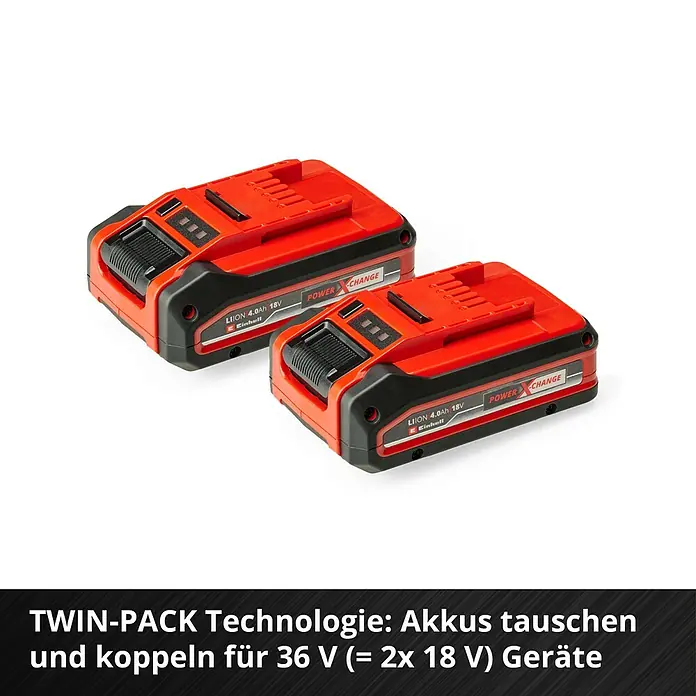 Einhell Power X-Change 18V Akku - 18 V, 4 Ah - Zwei Einhell Power X-Change 4.0Ah 18V Akkus im Twin-Pack, ideal für 36V Geräte. Austauschbare Akkus für flexible Stromversorgung.