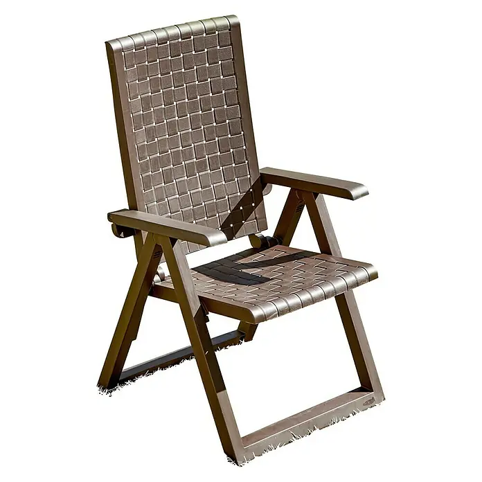 Sillón de posiciones Dream - 58 x 68 x 103 cm, Wengué, Polipropileno, Respaldo regulable - Imagen de una silla de jardín plegable de plástico marrón con reposabrazos y asiento y respaldo de tejido.
