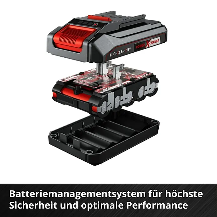 Einhell Power X-Change 18V Akku & Ladegerät PXC-Starter-Kit - 18 V, 1 Akku, 2,5 Ah - Explosionsansicht eines Power-Change-Akkupacks mit Batteriemanagementsystem für höchste Sicherheit und optimale Performance.