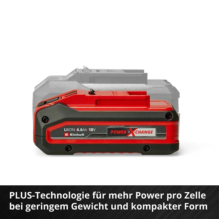 Einhell Power X-Change 18V Akku - 18 V, 4 Ah - Ein roter Einhell Power X-Change Akku mit 4.0Ah und 18V, der für mehr Leistung bei geringem Gewicht und kompakter Form sorgt.