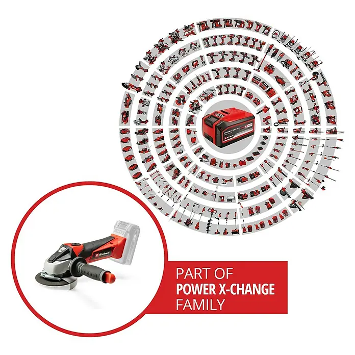 Einhell Power X-Change 18V Akku-Winkelschleifer TE-AG 18/115 Li-Solo - Ohne Akku, Durchmesser Scheibe: 115 mm, 8.500 U/min - Darstellung eines Einhell-Akkuschleifers, Teil der Power X-Change-Familie, mit zugehörigem Akku und einer Vielzahl weiterer Geräte in einem Kreis angeordnet.