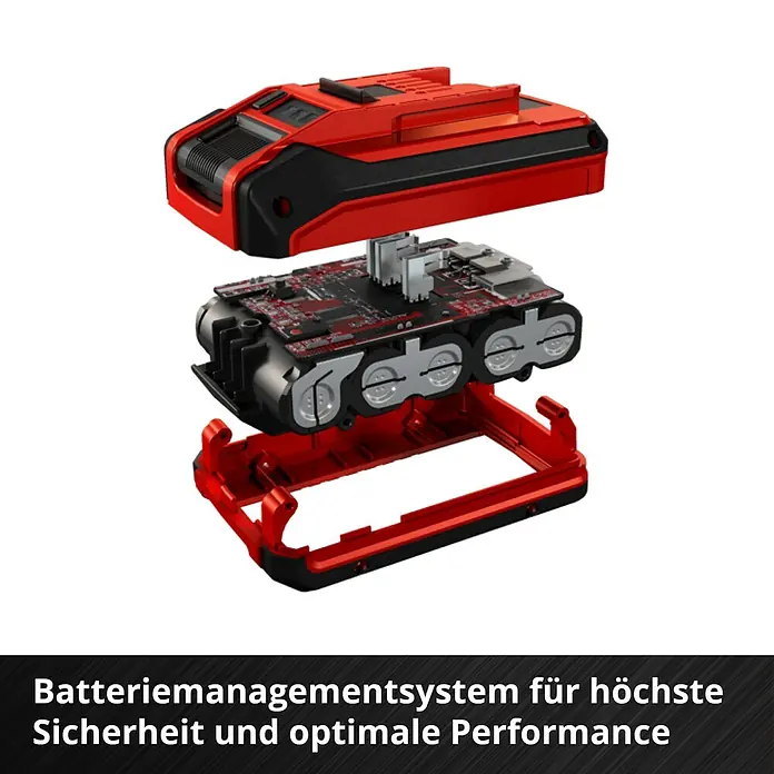 Einhell Power X-Change 18V Akku - 18 V, 4 Ah - Explosionsansicht eines roten Akkus für Elektrowerkzeuge mit Batteriemanagementsystem für höchste Sicherheit und optimale Leistung.