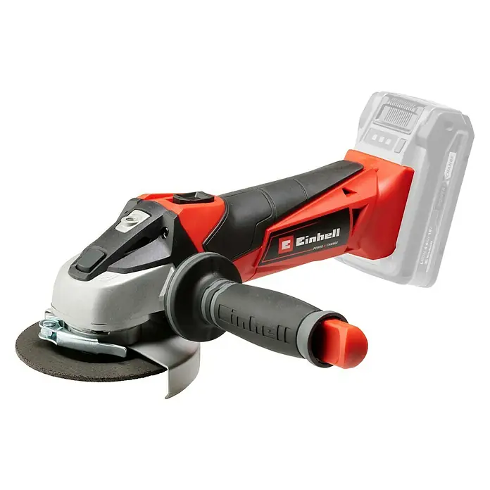 Einhell Power X-Change 18V Akku-Winkelschleifer TE-AG 18/115 Li-Solo - Ohne Akku, Durchmesser Scheibe: 115 mm, 8.500 U/min - Ein roter und schwarzer Einhell Akku-Winkelschleifer mit einem Seitengriff und einer Schleifscheibe, ideal für Schleifarbeiten.