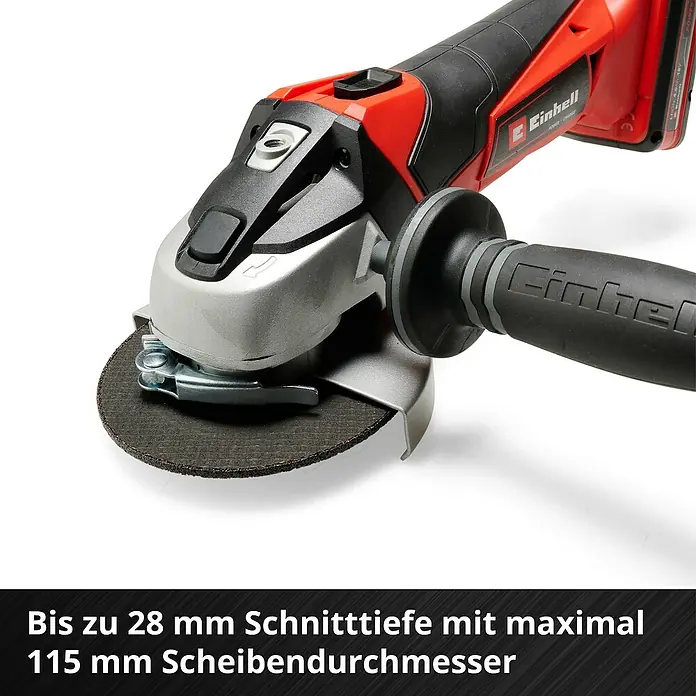 Einhell Power X-Change 18V Akku-Winkelschleifer TE-AG 18/115 Li-Solo - Ohne Akku, Durchmesser Scheibe: 115 mm, 8.500 U/min - Akkuschleifer von Einhell mit Zusatzhandgriff. Für Trennscheiben bis 115 mm Durchmesser und einer Schnitttiefe von bis zu 28 mm.