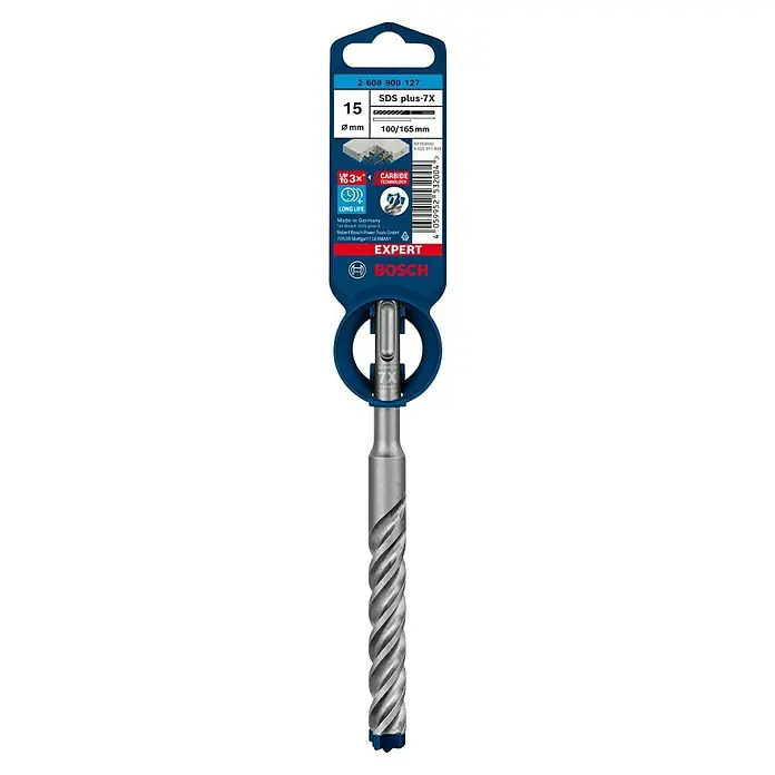 Bosch Expert Beton- & Steinbohrer SDS Plus-7X - 1 Stk., Durchmesser Bohrer: 15 mm, 100 mm - Bosch Expert SDS plus-7X Hammerbohrer, 15 mm Durchmesser, 100/165 mm Länge. Ideal für Betonarbeiten und andere anspruchsvolle Bohraufgaben.