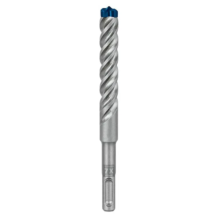 Bosch Expert Beton- & Steinbohrer SDS Plus-7X - 1 Stk., Durchmesser Bohrer: 15 mm, 100 mm - Nahaufnahme eines Bosch Expert SDS max-8X Bohrers mit blauem Kopf und spiralförmigen Rillen für effizientes Bohren in Beton.