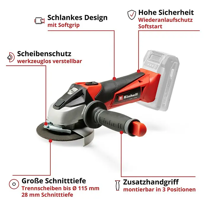 Einhell Power X-Change 18V Akku-Winkelschleifer TE-AG 18/115 Li-Solo - Ohne Akku, Durchmesser Scheibe: 115 mm, 8.500 U/min - Abbildung eines Einhell Akku-Winkelschleifers mit schlankem Design, Softgrip, Wiederanlaufschutz und werkzeuglos verstellbarem Scheibenschutz.