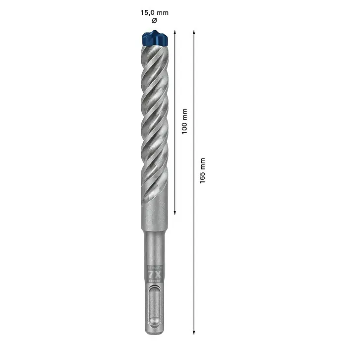 Bosch Expert Beton- & Steinbohrer SDS Plus-7X - 1 Stk., Durchmesser Bohrer: 15 mm, 100 mm - Aufnahme einer 15 mm Bosch Expert 7X Hammerbohrmaschine mit einer Länge von 165 mm, die für effizientes Bohren entwickelt wurde.