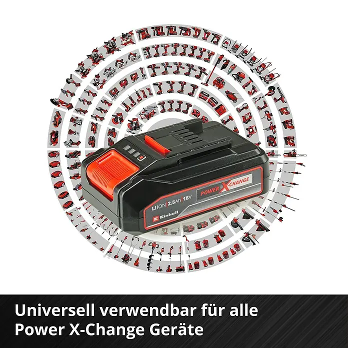 Einhell Power X-Change 18V Akku & Ladegerät PXC-Starter-Kit - 18 V, 1 Akku, 2,5 Ah - Abbildung eines Einhell Power X-Change Akkus, der universell für alle Geräte dieser Serie verwendbar ist.