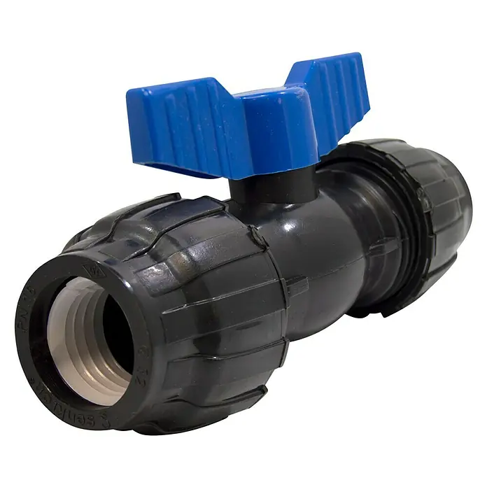 Válvula esférica PE para riego - Diámetro: 32 mm, Polietileno - Válvula de bola negra con mango azul, una válvula de cierre robusta y confiable para diversas aplicaciones.