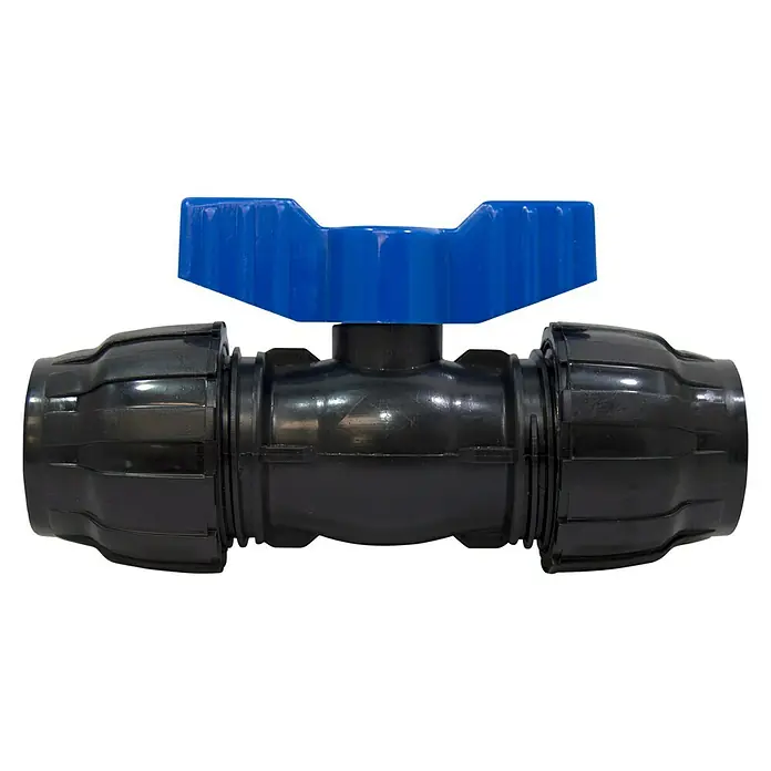 Válvula esférica PE para riego - Diámetro: 32 mm, Polietileno - Primer plano de una válvula de cierre de polietileno negra con mango azul, utilizada en instalaciones sanitarias.
