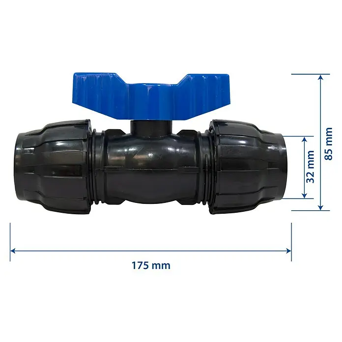 Válvula esférica PE para riego - Diámetro: 32 mm, Polietileno - Imagen de una válvula de bola de plástico negro con mango azul, incluyendo marcas de dimensiones.